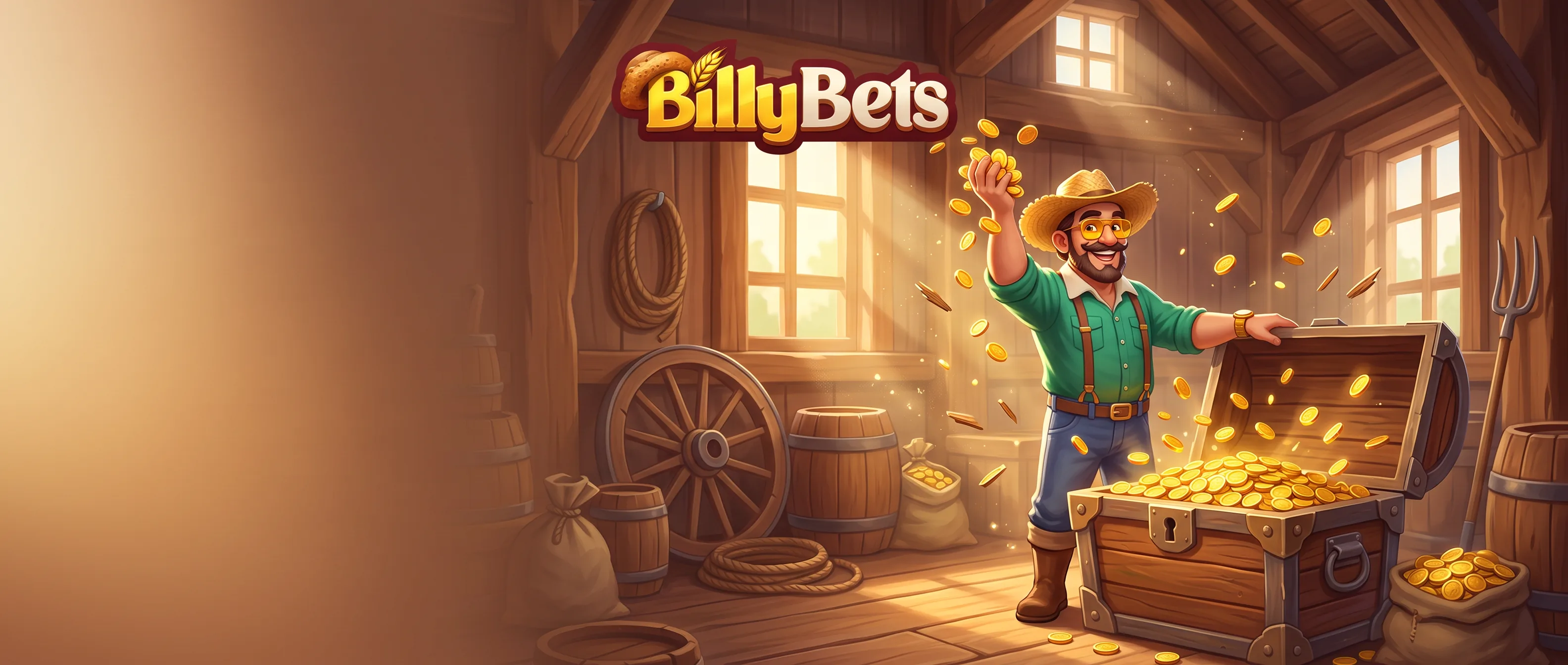 BillyBets farmer with a treasure chest of gold coins